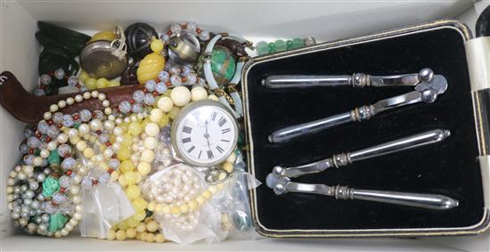 A large quantity of mixed costume etc including cultured pearl necklace and silver pocket watch.